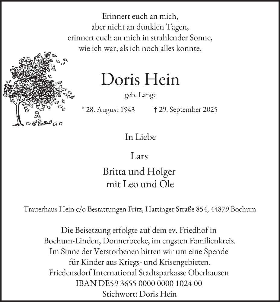  Traueranzeige für Doris Hein vom 11.10.2025 aus Tageszeitung