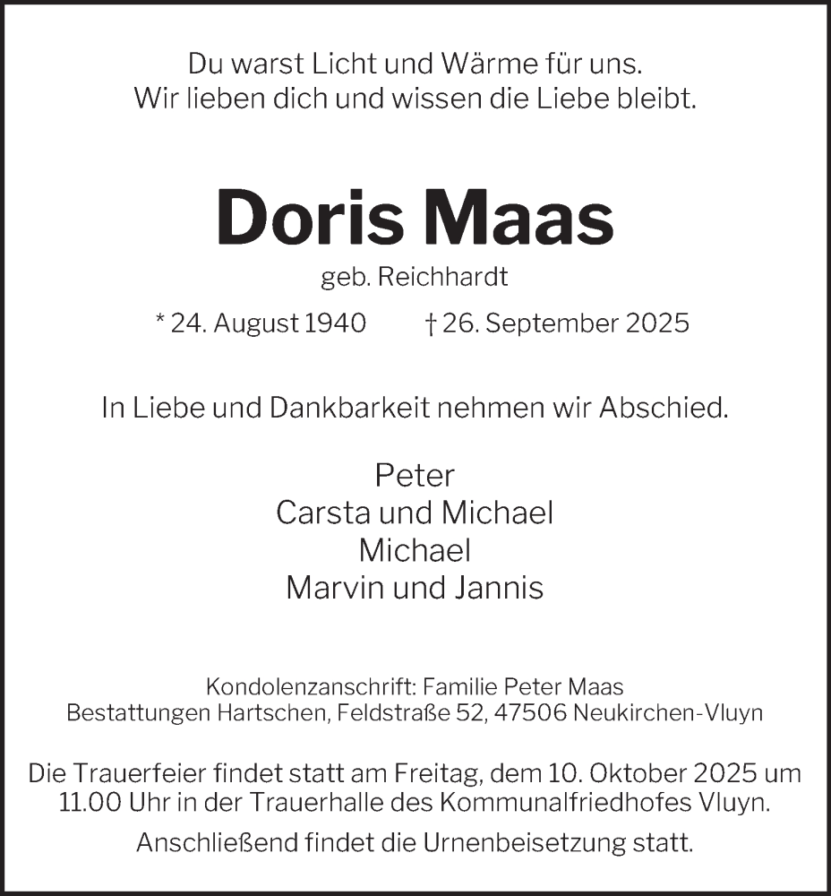  Traueranzeige für Doris Maas vom 04.10.2025 aus Tageszeitung