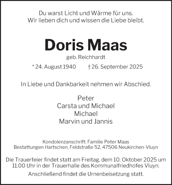 Traueranzeige von Doris Maas von Tageszeitung