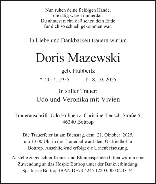 Traueranzeige von Doris Mazewski von Tageszeitung
