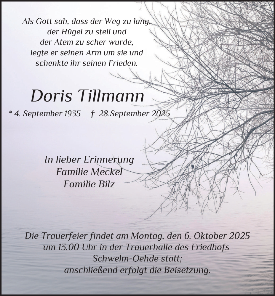  Traueranzeige für Doris Tillmann vom 04.10.2025 aus Tageszeitung