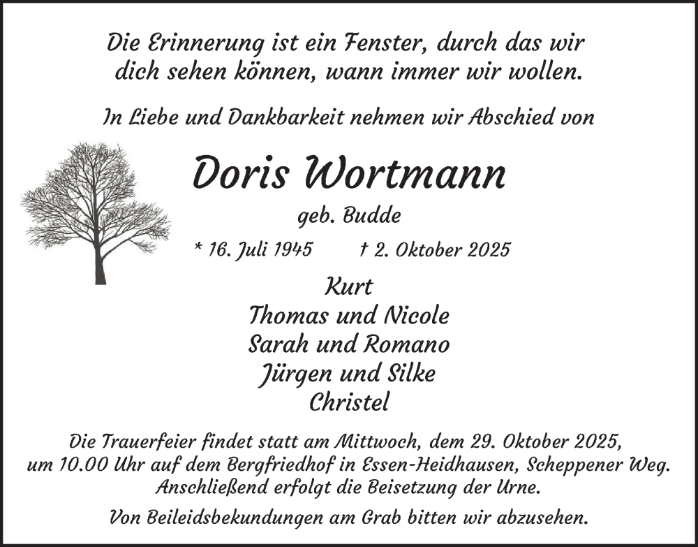  Traueranzeige für Doris Wortmann vom 17.10.2025 aus Tageszeitung