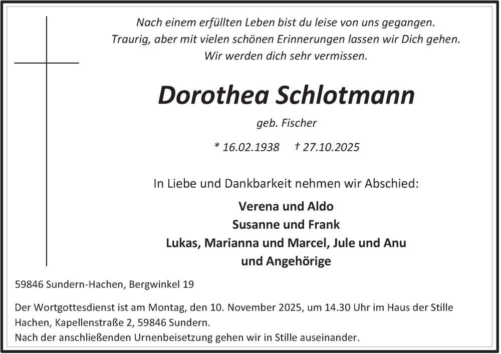  Traueranzeige für Dorothea Schlotmann vom 31.10.2025 aus Tageszeitung