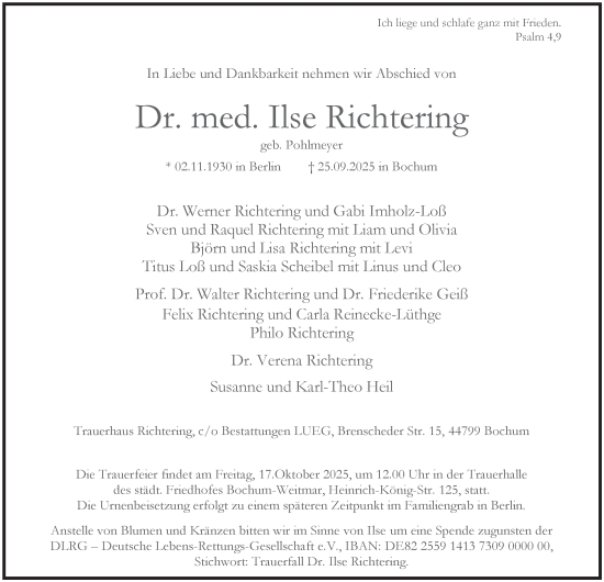 Traueranzeige von Dr. med. Ilse Richtering von Tageszeitung