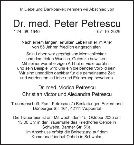Traueranzeige von Dr. med. Peter Petrescu von Tageszeitung