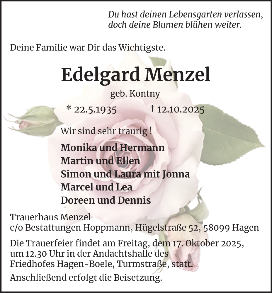  Traueranzeige für Edelgard Menzel vom 15.10.2025 aus Tageszeitung