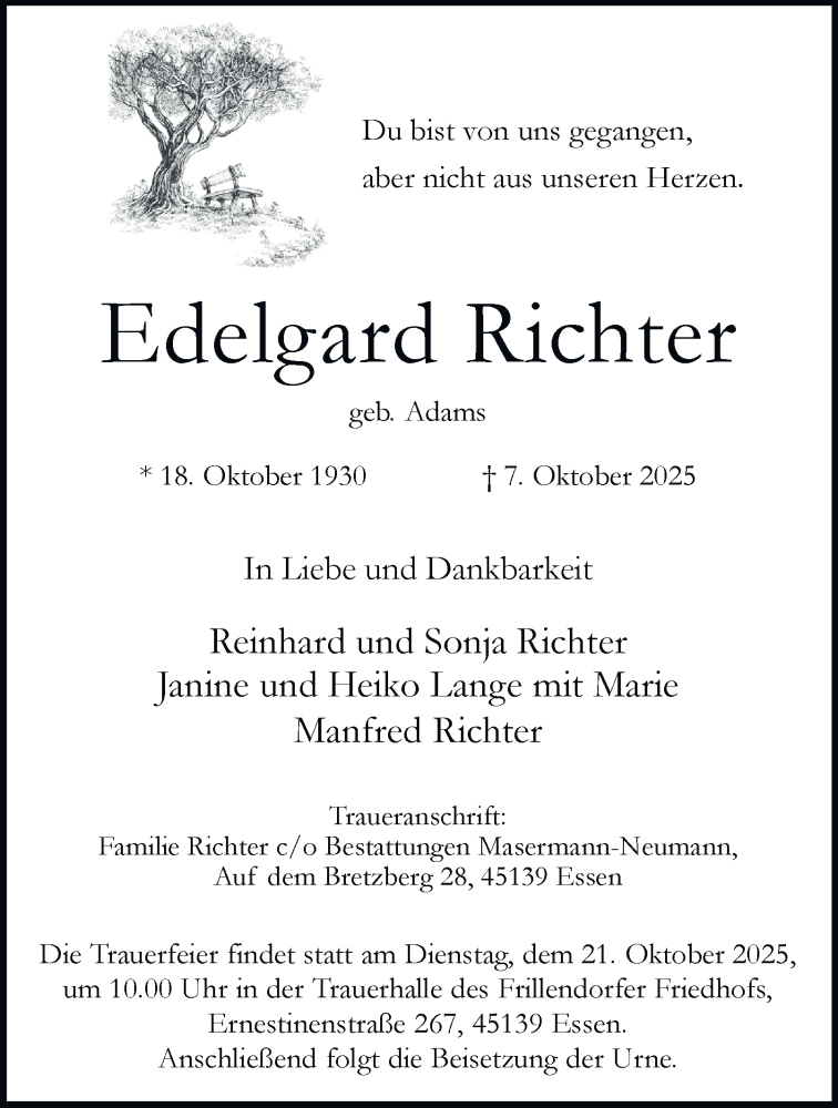  Traueranzeige für Edelgard Richter vom 11.10.2025 aus Tageszeitung