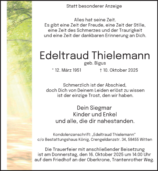 Traueranzeige von Edeltraud Thielemann von Tageszeitung