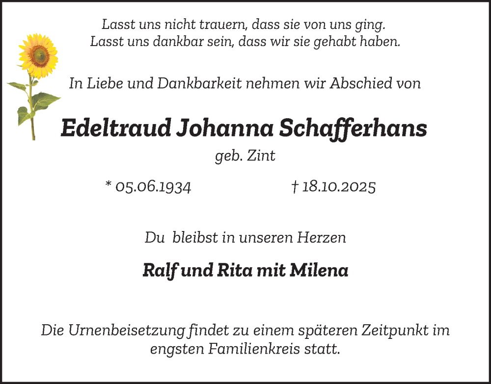  Traueranzeige für Edeltraud Johanna Schafferhans vom 25.10.2025 aus Tageszeitung