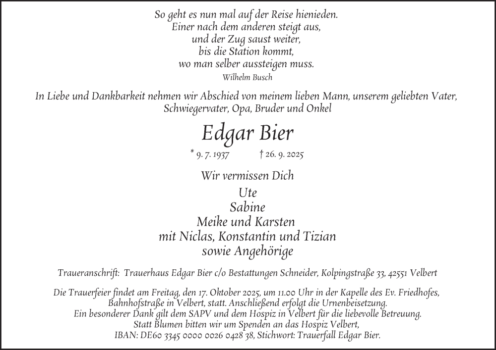  Traueranzeige für Edgar Bier vom 11.10.2025 aus Tageszeitung
