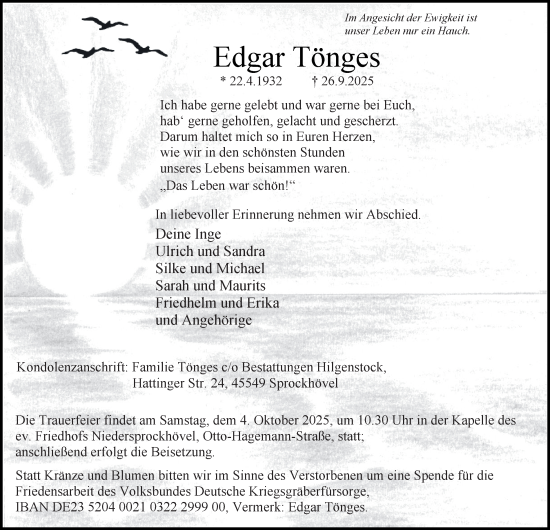 Traueranzeige von Edgar Tönges von Tageszeitung