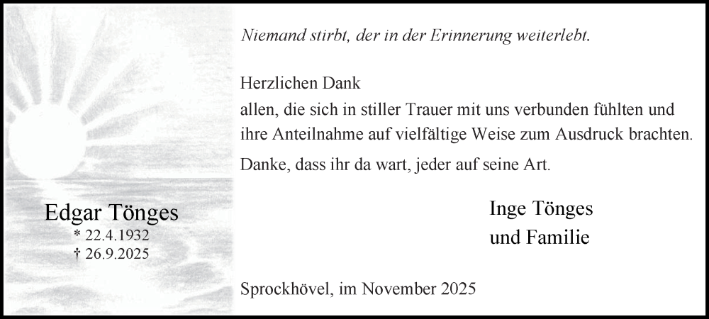 Traueranzeige für Edgar Tönges vom 01.11.2025 aus Tageszeitung
