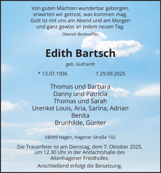 Traueranzeige von Edith Bartsch von Tageszeitung