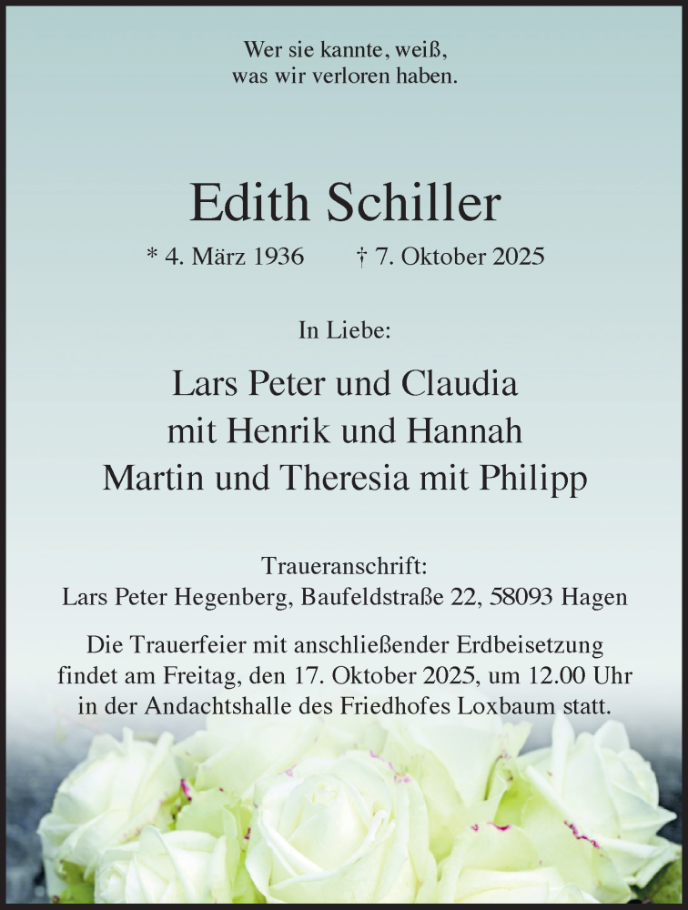  Traueranzeige für Edith Schiller vom 11.10.2025 aus Tageszeitung