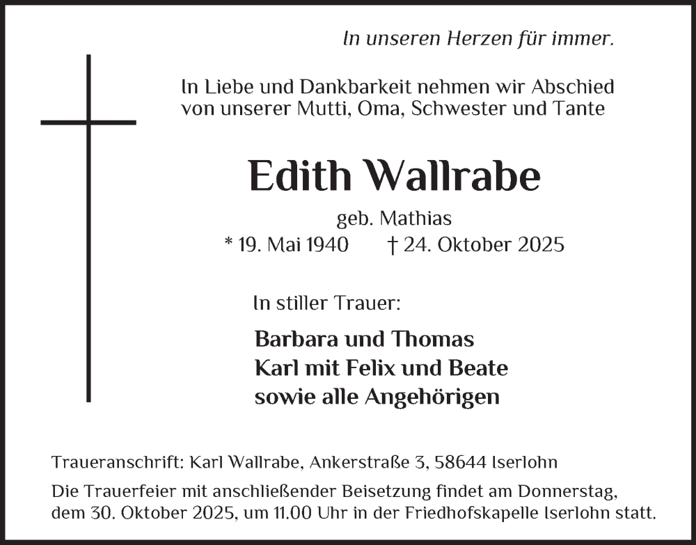  Traueranzeige für Edith Wallrabe vom 29.10.2025 aus Tageszeitung