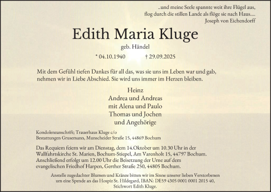 Traueranzeige von Edith Maria Kluge von Tageszeitung