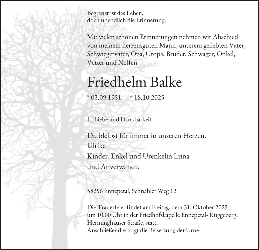  Traueranzeige für Friedhelm Balke vom 25.10.2025 aus Tageszeitung