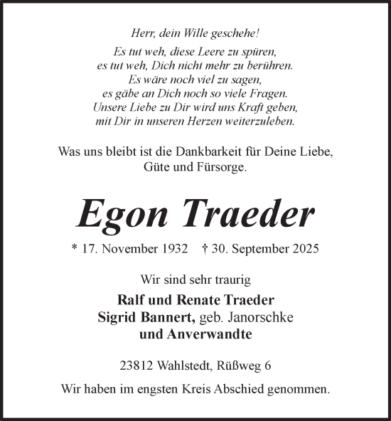 Traueranzeige von Egon Traeder von Tageszeitung