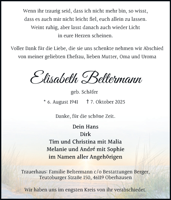 Traueranzeige von Elisabeth Beltermann von Tageszeitung