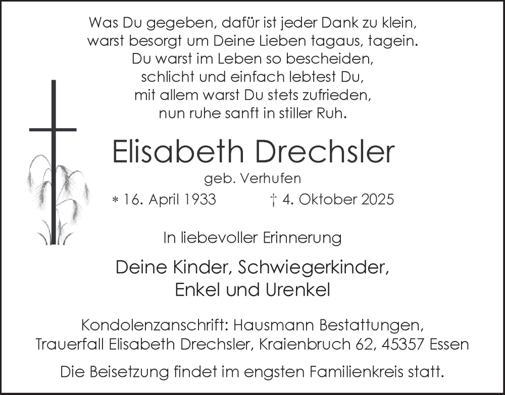  Traueranzeige für Elisabeth Drechsler vom 11.10.2025 aus Tageszeitung