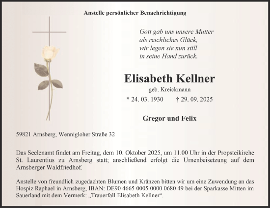 Traueranzeige von Elisabeth Kellner von Tageszeitung