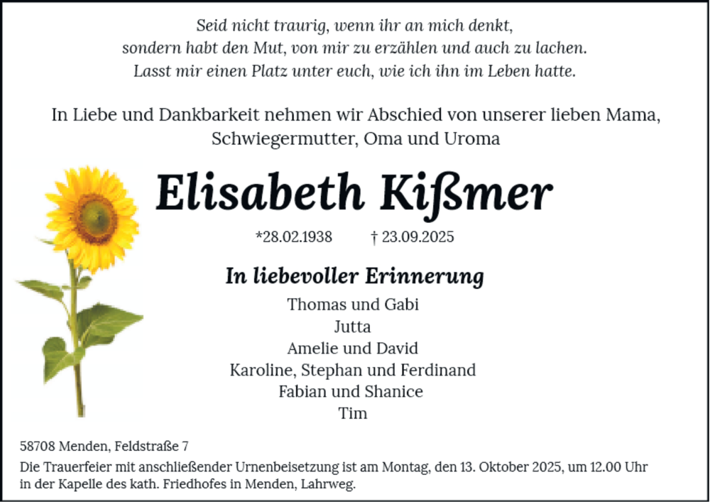  Traueranzeige für Elisabeth Kißmer vom 04.10.2025 aus Tageszeitung