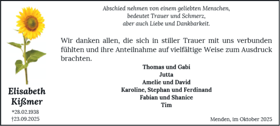 Traueranzeige von Elisabeth Kißmer von Tageszeitung