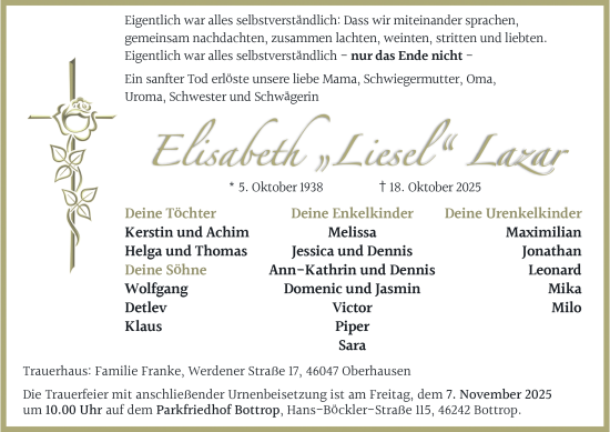 Traueranzeige von Elisabeth Lazar von Tageszeitung