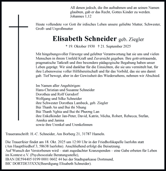 Traueranzeige von Elisabeth Schneider von Tageszeitung