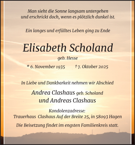 Traueranzeige von Elisabeth Scholand von Tageszeitung