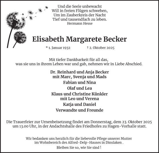 Traueranzeige von Elisabeth Margarete Becker von Tageszeitung