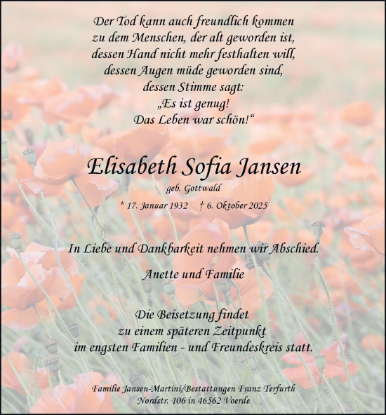 Traueranzeige von Elisabeth Sofia Jansen von Tageszeitung