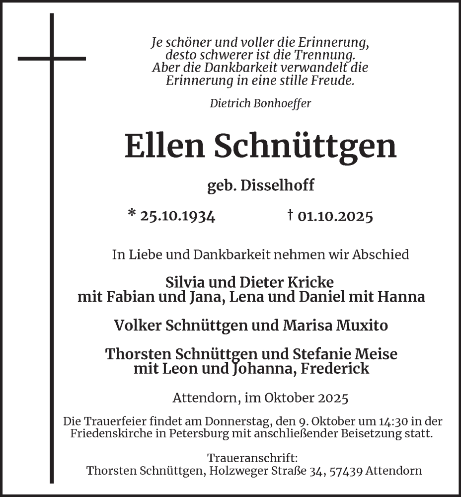  Traueranzeige für Ellen Schnüttgen vom 07.10.2025 aus Tageszeitung