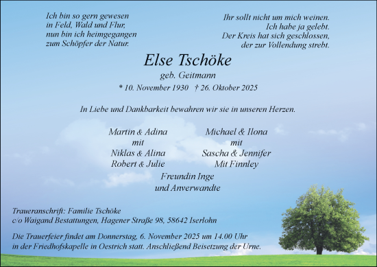 Traueranzeige von Else Tschöke von Tageszeitung