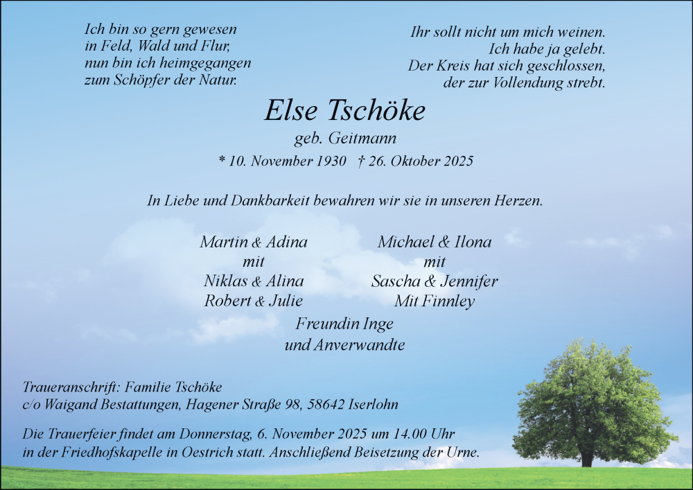  Traueranzeige für Else Tschöke vom 01.11.2025 aus Tageszeitung