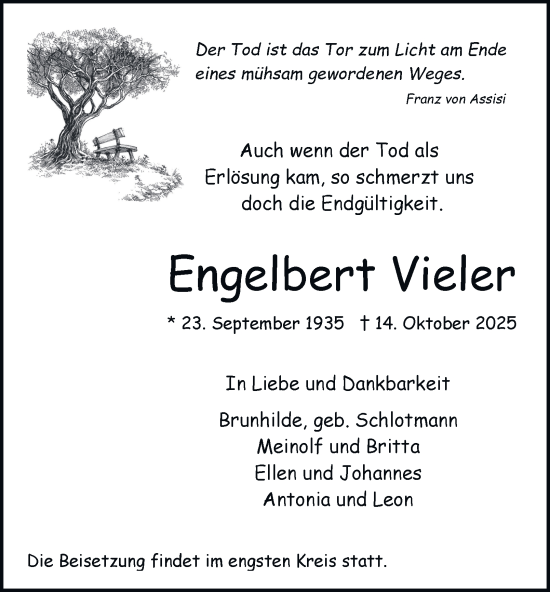 Traueranzeige von Engelbert Vieler von Tageszeitung