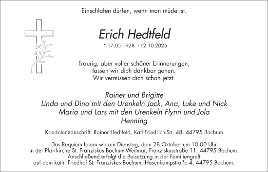 Traueranzeige von Erich Hedtfeld von Tageszeitung