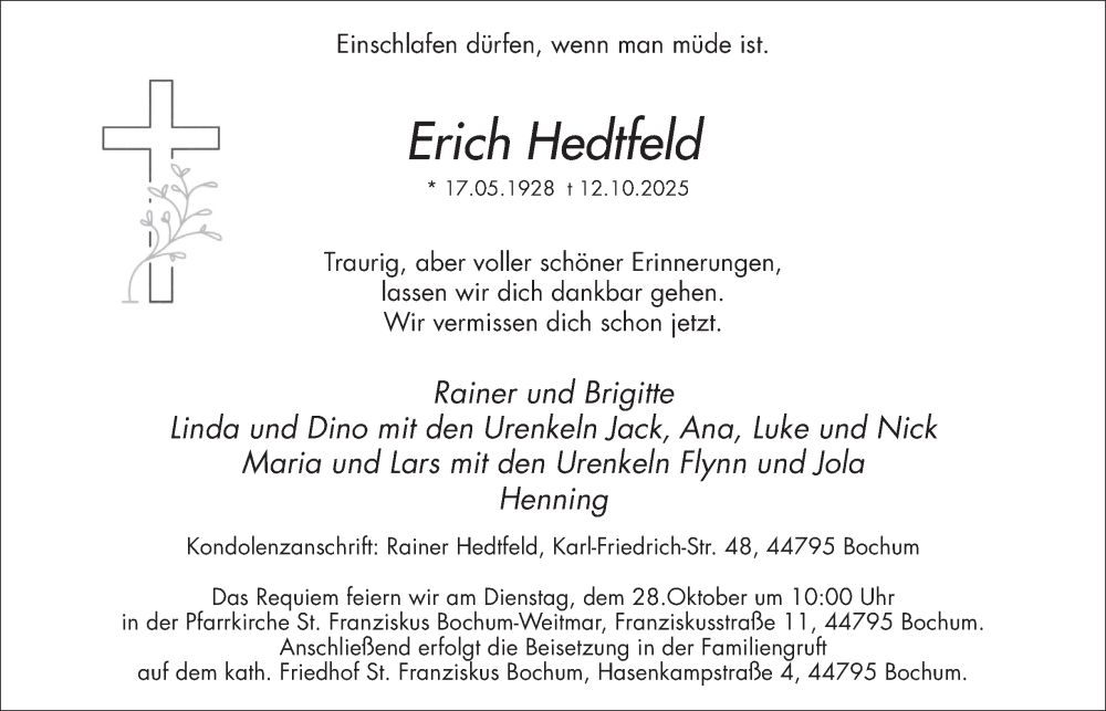  Traueranzeige für Erich Hedtfeld vom 25.10.2025 aus Tageszeitung