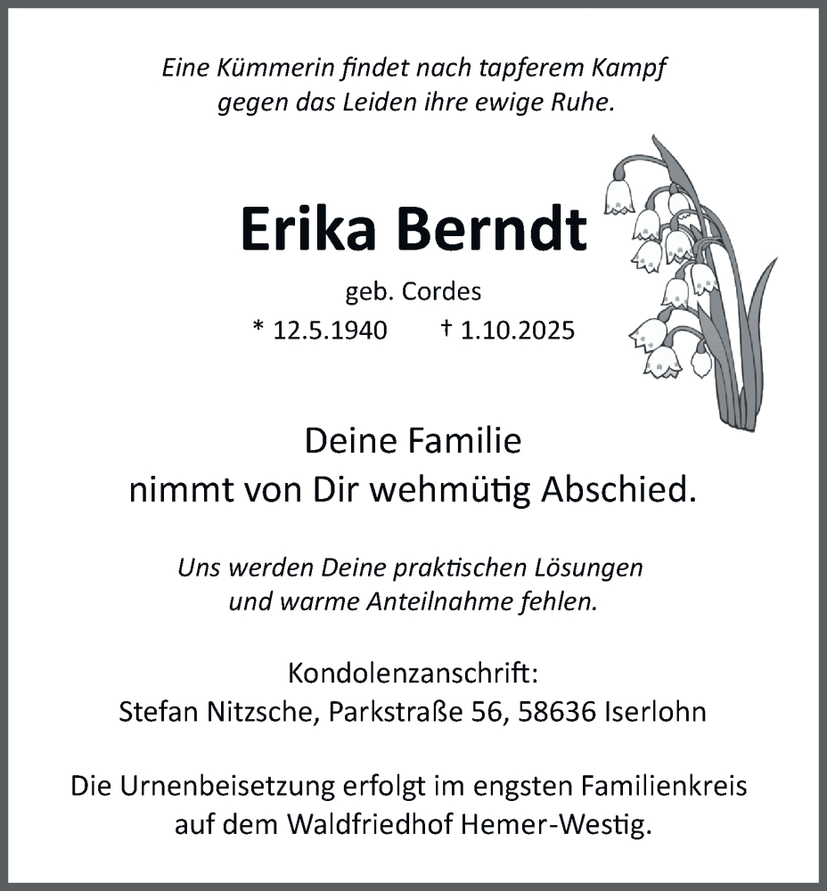  Traueranzeige für Erika Berndt vom 08.10.2025 aus Tageszeitung