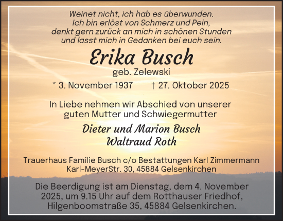 Traueranzeige von Erika Busch von Tageszeitung