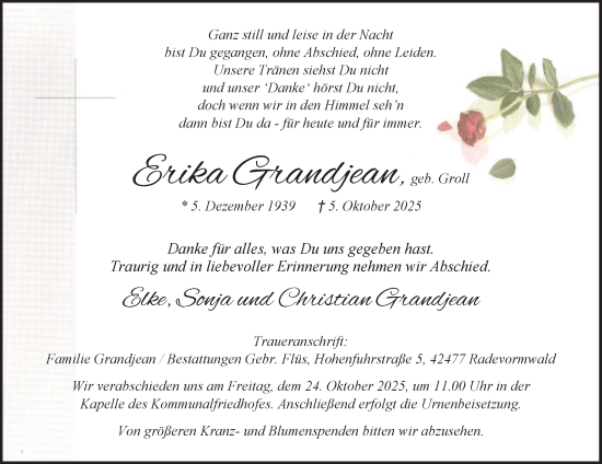Traueranzeige von Erika Grandjean von Tageszeitung