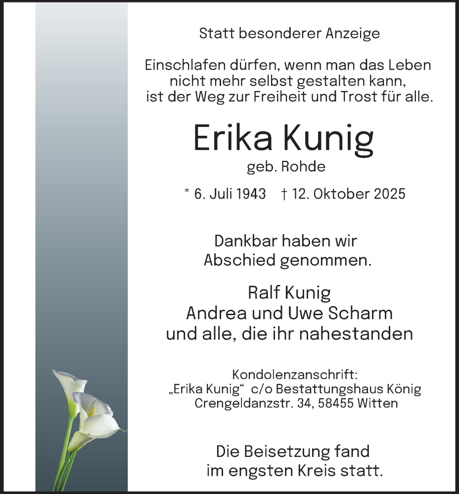  Traueranzeige für Erika Kunig vom 01.11.2025 aus Tageszeitung
