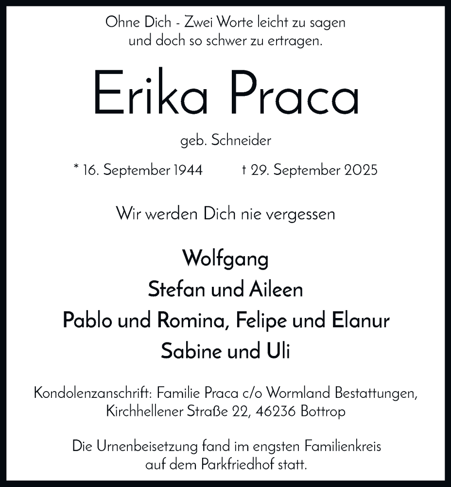  Traueranzeige für Erika Praca vom 18.10.2025 aus Tageszeitung