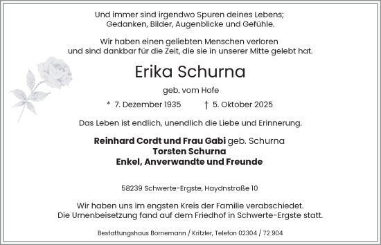 Traueranzeige von Erika Schurna von Tageszeitung