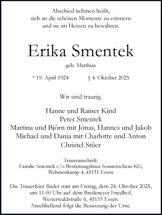 Traueranzeige von Erika Smentek von Tageszeitung