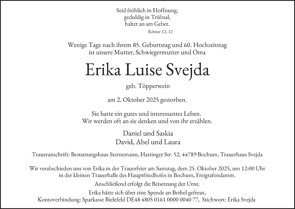  Traueranzeige für Erika Luise Svejda vom 18.10.2025 aus Tageszeitung