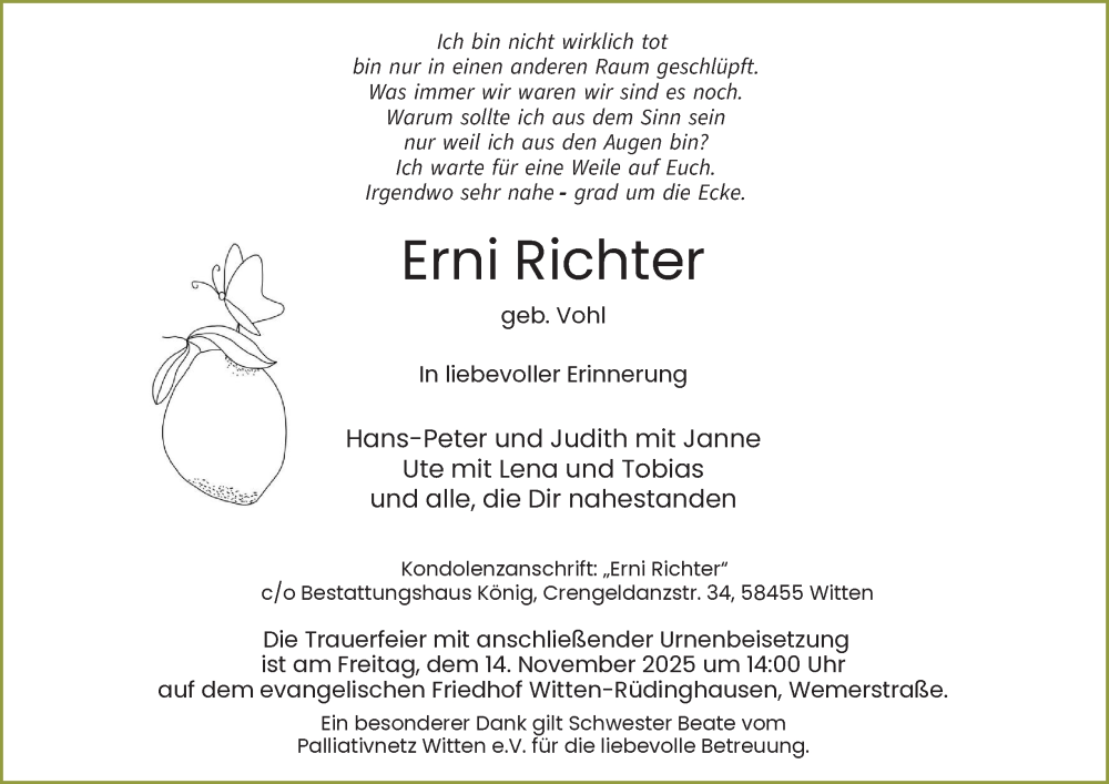  Traueranzeige für Erni Richter vom 01.11.2025 aus Tageszeitung