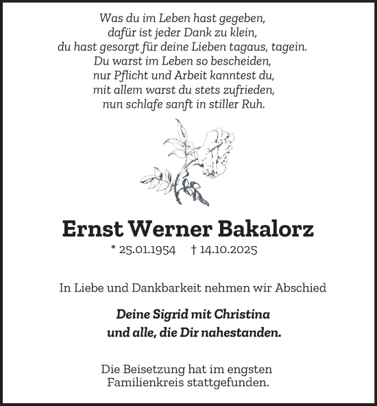 Traueranzeige von Ernst Werner Bakalorz von Tageszeitung