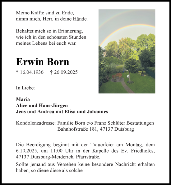 Traueranzeige von Erwin Born von Tageszeitung