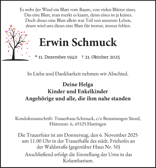 Traueranzeige von Erwin Schmuck von Tageszeitung
